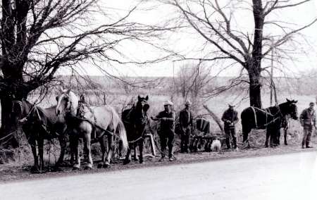 A black and white photo showing several people standing by horses and wagons on the side of a rural road, with leafless trees in the background.