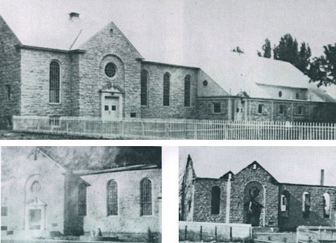 Three black-and-white photos show different exterior views of an old stone building with arched windows and a fenced yard.