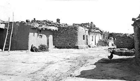 Black and white photo of adobe buildings with flat roofs in a rural setting; a ladder leans against one building, and a chicken stands in the open, sunlit area.