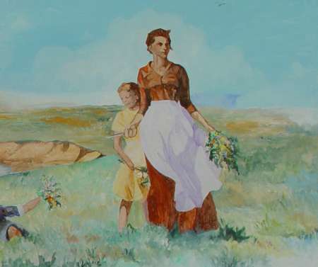 A woman in a brown dress and white apron holds flowers, standing in a grassy field with a child in a yellow dress beside her under a blue sky.