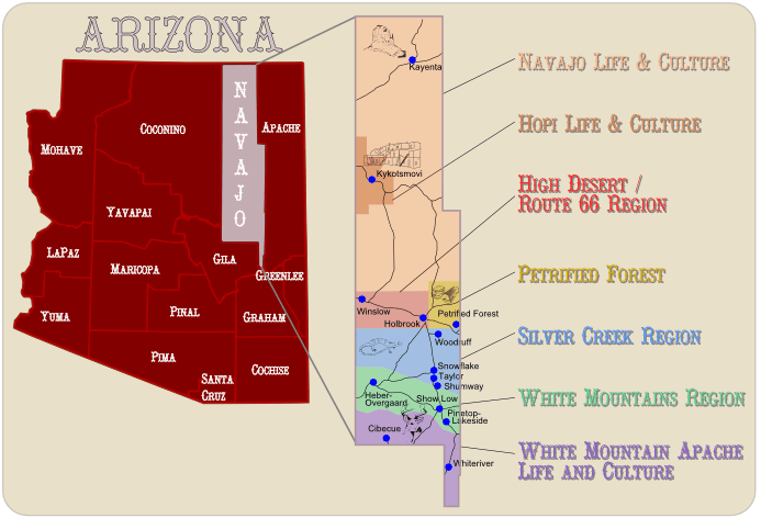 Map of Arizona highlighting Native American regions and cultural areas, with labels for Navajo, Hopi, Apache, and White Mountain Apache lands and significant regions.