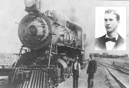 A black-and-white photo of a steam locomotive with two men standing beside it on train tracks; an inset portrait of a young man in formal attire appears in the top right corner.