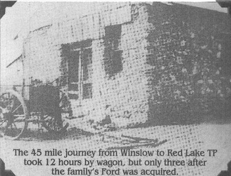 A black and white photo of an old wagon beside a stone house, with text describing a family's travel time reduction after acquiring a Ford automobile.