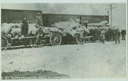 Black-and-white photo of ox-drawn wagons loaded with goods and people next to a train labeled "Furniture," with several men standing nearby.