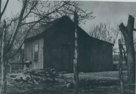 A black-and-white photo of a small wooden shed surrounded by bare trees, a rough wooden fence, and a pile of logs in the foreground.