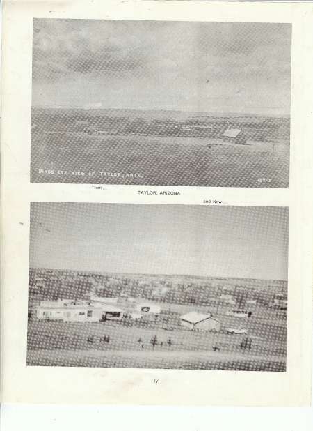 Two black-and-white aerial photographs of Taylor, Arizona show scattered buildings and open land, each labeled with descriptive text.