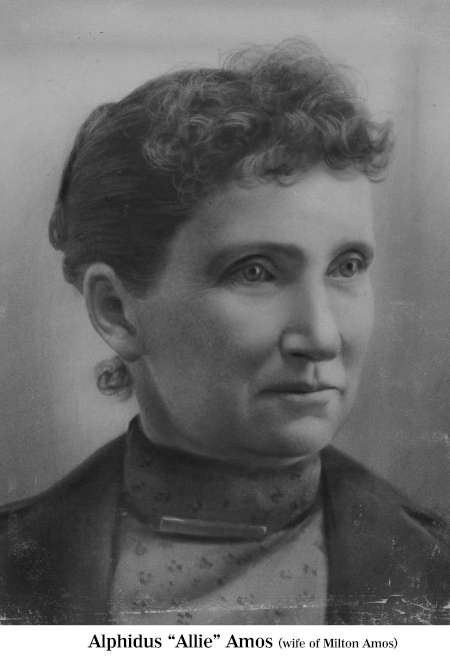 Black-and-white portrait of a woman with short curly hair, wearing a high-collared dress and jacket. Text below identifies her as Alphidus "Allie" Amos, wife of Milton Amos.