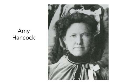 Black and white portrait of a woman in old-fashioned clothing, identified by text on the left as Amy Hancock.