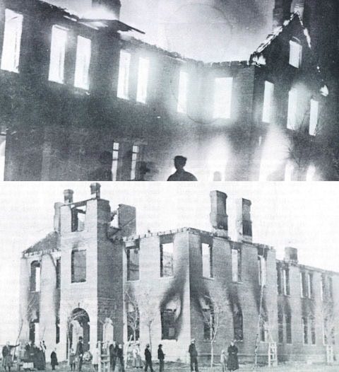 Two black-and-white photos show a large brick building: the top during a nighttime fire, the bottom in daylight with people standing among its burned ruins.