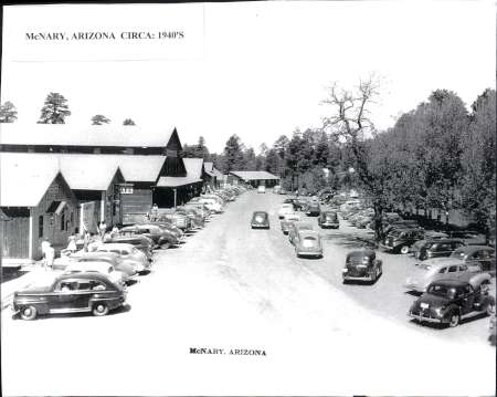 Black-and-white photo of McNary, Arizona in the 1940s; several cars are parked along a wide street lined with wooden buildings and trees.