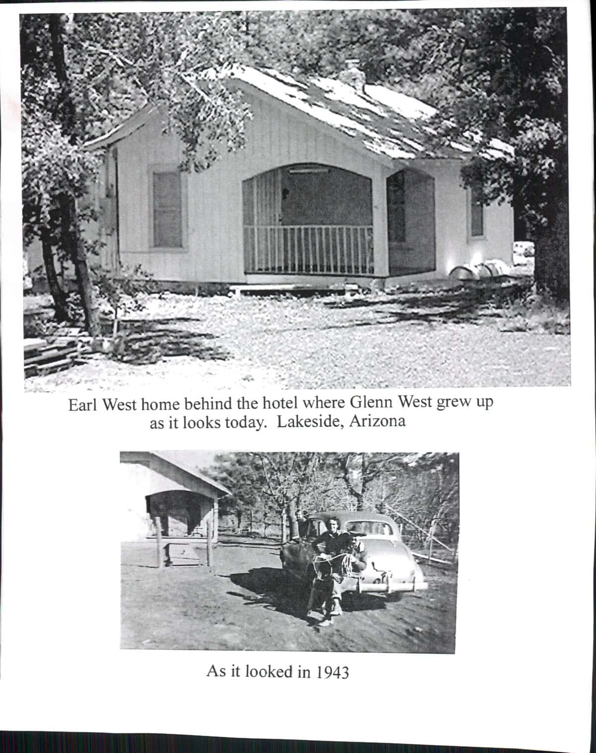 Two photos of the Earl West home in Lakeside, Arizona: one shows the house in the present day, the other shows the house with people and a car in front of it in 1943.