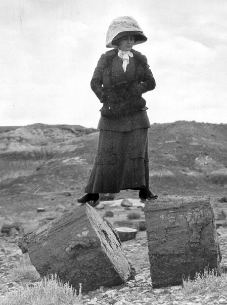 A woman in early 20th-century clothing and a hat stands with one foot on each of two large petrified wood blocks in a rocky outdoor landscape.