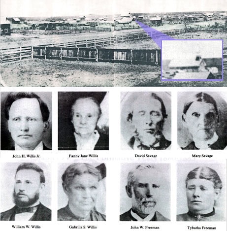 Black-and-white montage showing an old settlement, a zoomed-in area, and portraits of ten individuals labeled with their names below each photo.