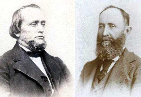 Two men with beards in black-and-white portraits, each wearing a suit and looking slightly away from the camera.