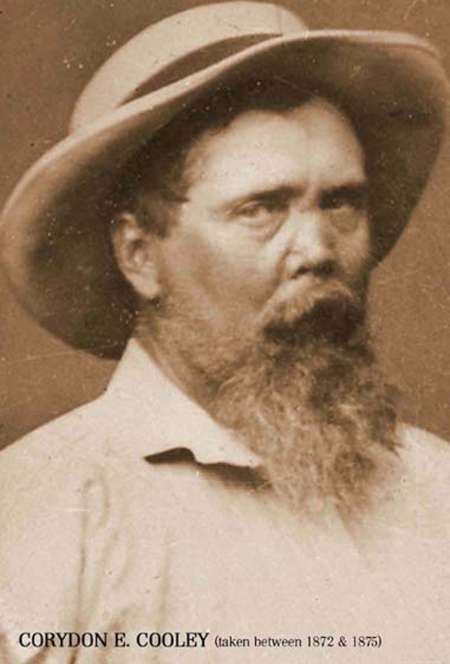 Sepia-toned portrait of a bearded man in a wide-brimmed hat, identified as Corydon E. Cooley, taken between 1872 and 1875.