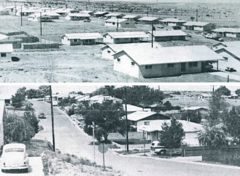 Two black-and-white photos show a suburban neighborhood: the top image depicts newly built, sparsely landscaped homes, while the bottom shows the same area with grown trees and established yards.