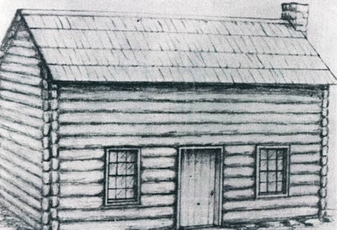 Black and white sketch of a simple log cabin with a pitched roof, two windows, a central door, and a chimney.