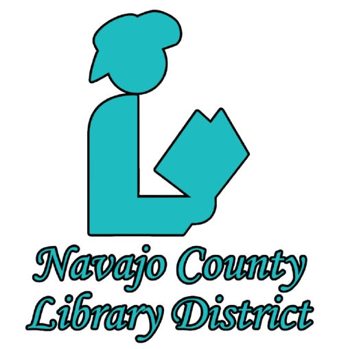 Turquoise icon of a person reading a book above the text "Navajo County Library District" in a cursive font.