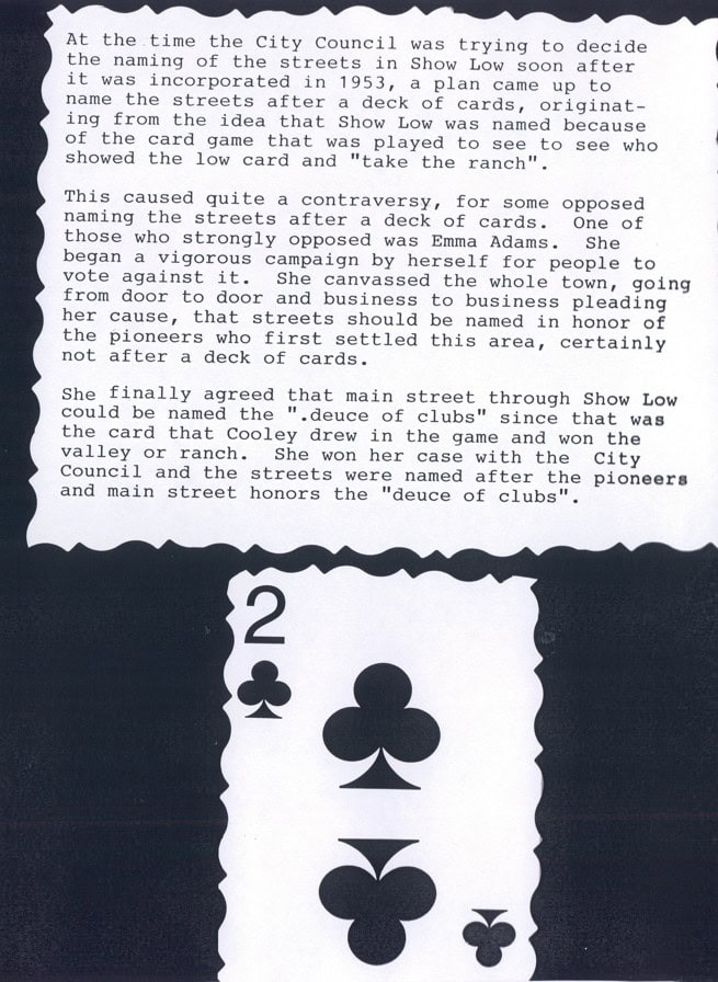 A typed note explains the origin of Show Low, Arizona's name, referencing the "deuce of clubs" card, which is also shown at the bottom of the image.