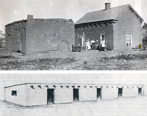 Black and white photo of two adobe buildings with people standing outside; below is a sketch of a long, low adobe structure with multiple doors.