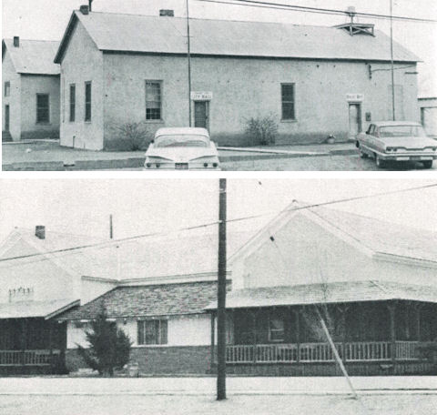 Two black-and-white photos show the same building before and after renovation; the top image shows a plain structure, while the bottom image shows updated features and a covered porch.