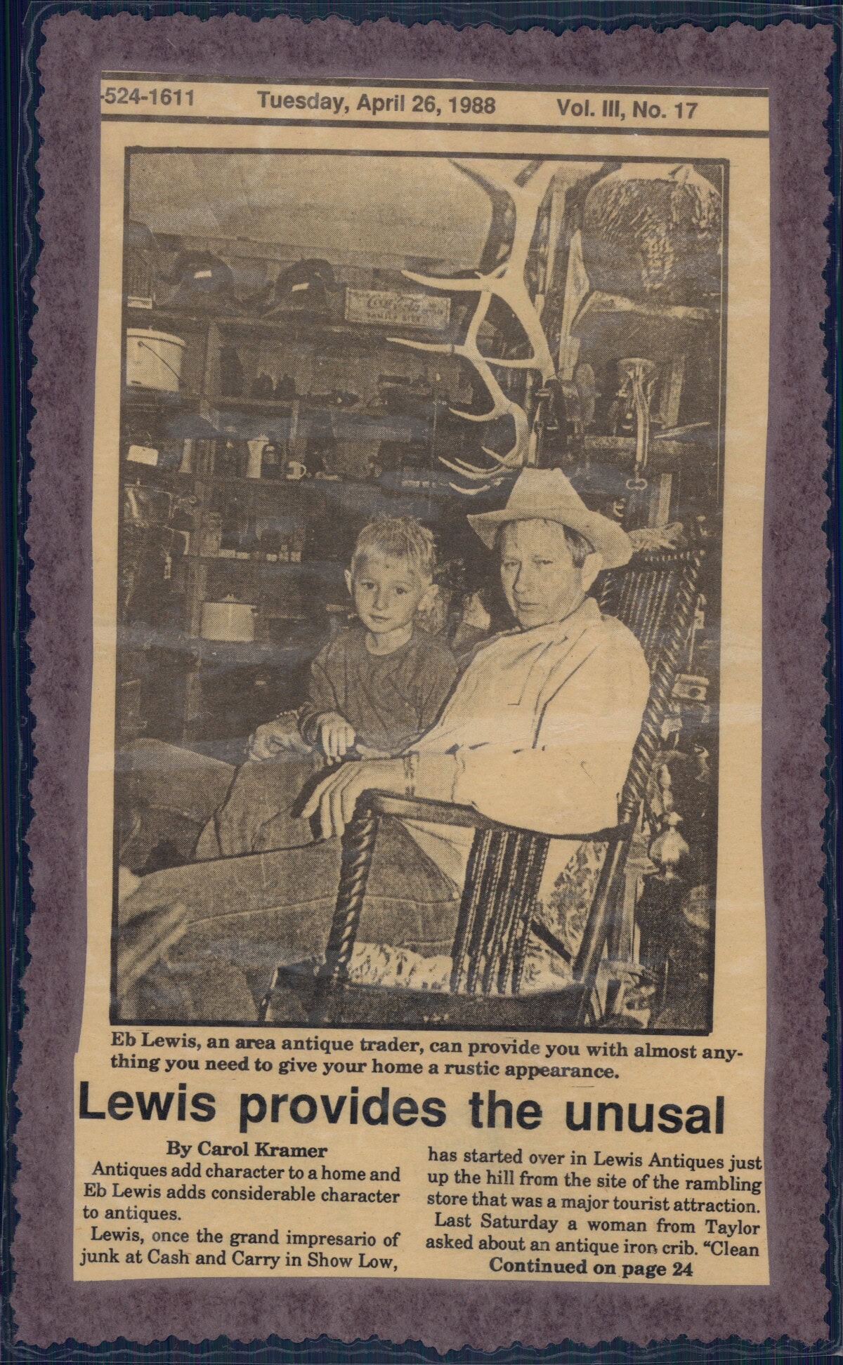 A newspaper clipping from April 26, 1988, shows a man in a cowboy hat and a woman seated in an antique-filled room, highlighting their antique trading business.
